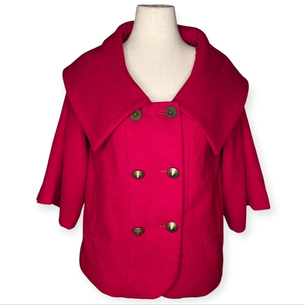 LUXE by Irina Red Cape Sleeve Double Breasted Jacket Oversized Collar M